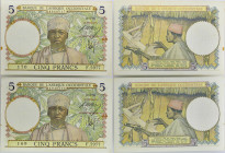 AFRIQUE OCCIDENTALE FRANÇAISE - FRENCH WEST AFRICA
Lot (2) - 5 francs type "bleu foncé" avec numéros consécutifs 10-3-1938.
P.21.
Lot (2) - 5 francs t...