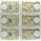 AFRIQUE OCCIDENTALE FRANÇAISE - FRENCH WEST AFRICA
Lot (3) - 5 francs type "bleu foncé" avec numéros consécutifs 10-3-1938.
P.21.
Lot (3) - 5 francs t...