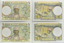 AFRIQUE OCCIDENTALE FRANÇAISE - FRENCH WEST AFRICA
Lot (2) - 5 francs type "bleu foncé" avec numéros consécutifs 10-3-1938.
P.21.
Lot (2) - 5 francs t...