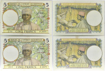AFRIQUE OCCIDENTALE FRANÇAISE - FRENCH WEST AFRICA
Lot (2) - 5 francs type "bleu foncé" avec numéros consécutifs 10-3-1938.
P.21.
Lot (2) - 5 francs t...