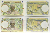 AFRIQUE OCCIDENTALE FRANÇAISE - FRENCH WEST AFRICA
Lot (2) - 5 francs type "bleu foncé" avec numéros consécutifs 10-3-1938.
P.21.
Lot (2) - 5 francs t...