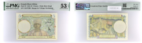 AFRIQUE OCCIDENTALE FRANÇAISE - FRENCH WEST AFRICA
5 francs avec numéro spécial 6-5-1942.
P.25.
Alphabet V.9447 - numéro 000, c’est le premier exempla...