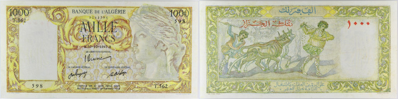 ALGÉRIE - ALGERIA
1000 francs 20-10-1947.
P.104.
Alphabet T.362 - numéro 598, ce...