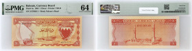 BAHREÏN - BAHRAIN
1 dinar 1964.
P.4a.
Alphabet YJ - numéro 760211.
PMG 64 Choice Uncirculated (1916392-092). 
Magnifique exemplaire. Pr. NEUF.