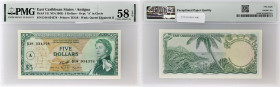 CARAÏBES - CARIBBEAN
5 dollars - lettre “A” ND (1965).
P.14i.
Alphabet D18 - numéro 034378, avec le portrait de la reine Elisabeth II sur le côté droi...