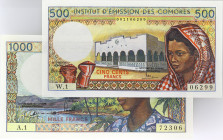 COMORES - COMOROS
Lot (2) - 500 francs W.1 et 1000 francs A.1 petit numéro ND (1976).
P.7a - P.8a.
Lot (2) - 500 francs Comores avec alphabet W.1 - nu...