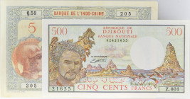 DJIBOUTI
Lot (2) - 5 francs et 500 francs ND (1936/1988).
P.6b - P.36b.
Lot (2) - billets de Djibouti avec 1 x 5 francs en alphabet Q.58 - numéro 205 ...
