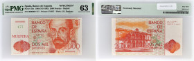 ESPAGNE - SPAIN
2000 pesetas SPECIMEN 22 juillet 1980.
P.159s.
Pas d’alphabet, numéro 0000000 avec le numéro du spécimen 177 en vert.
PMG 63 Choice un...