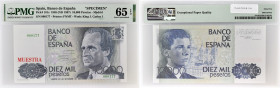 ESPAGNE - SPAIN
10000 pesetas SPECIMEN 24 septembre 1985.
P.161s.
Pas d’alphabet, numéro 0000000 avec le numéro du spécimen 000177 en vert.
PMG 65 EPQ...