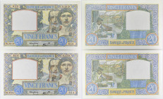FRANCE
Lot (2) - 20 francs type 1940 “Travail et Science” 1941.
P.92b - F.12.12/F.12.14.
Lot (2) - 20 francs type travail et science : alphabet R.2919...