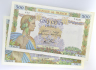 FRANCE
Lot (2) - 500 francs type 1939 “La Paix” 1941/1942.
P.95b - F.32.25/F.32.
Lot (2) - 500 francs La Paix avec : alphabet Y.4129 - numéro 652 du 1...