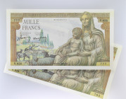 FRANCE
Lot (2) - 1000 francs type 1942 “Déméter” 20-6-1942.
P.102 - F.40.03.
Lot (2) - billets 1000 francs Déesse Déméter avec numéros presque consécu...