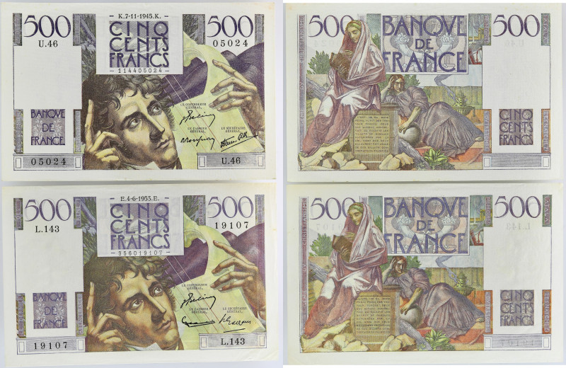 FRANCE
Lot (2) - 500 francs type 1945 “Chateaubriand” 1945/1953.
P.129a - F.34.0...