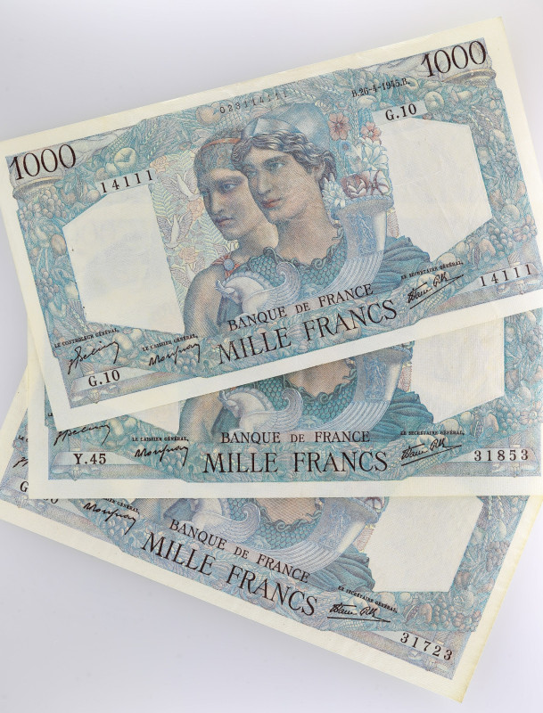 FRANCE
Lot (3) - 1000 francs type 1945 “Minerve et Hercule” 1945.
P.130a - F.41....