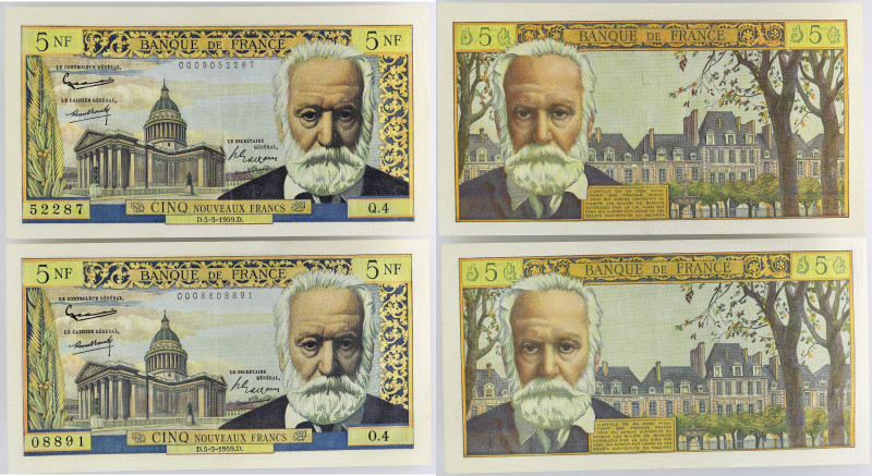 FRANCE
Lot (2) - 5 nouveaux francs type 1959 “Victor Hugo” 5-3-1959.
P.141 - F.5...