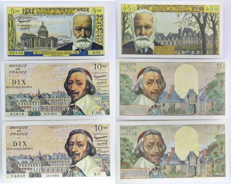 FRANCE
Lot (3) - 5 nouveaux francs 1959 type “Victor Hugo” et 2 x 10 nouveaux fr...