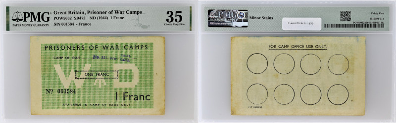 GRANDE-BRETAGNE - UNITED KINGDOM
1 franc - numéro camp 221 ND (1944).
POW.5032 -...
