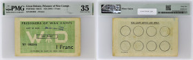 GRANDE-BRETAGNE - UNITED KINGDOM
1 franc - numéro camp 221 ND (1944).
POW.5032 - SB.472.
Numéro 001584, c’est un billet de banque utilisé dans un camp...