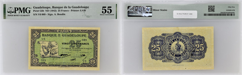 GUADELOUPE
25 francs type “impression US” 1942.
P.22b.
Alphabet V.6 - 089, type ...