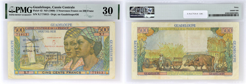GUADELOUPE
5 nouveaux francs surchargé sur 500 francs type ”Pointe-à-Pitre” 1960...
