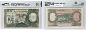 INDONÉSIE - INDONESIA
10000 rupiah 1964.
P.101b.
Alphabet MWY - numéro 09241. Au recto, deux pêcheurs sur un bateau et au verso une vue sur des bateau...