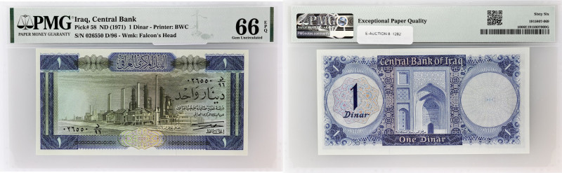 IRAK - IRAQ
1 dinar ND (1971).
P.58.
Alphabet D/96 - numéro 026550.
PMG 66 EPQ G...