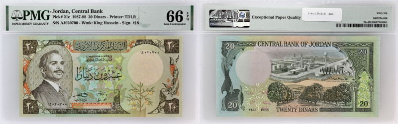 JORDANIE - JORDAN
20 dinars 1988.
P.21c.
Alphabet AJ - numéro 020700.
PMG 66 EPQ...