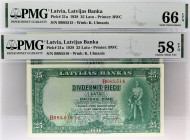 LETTONIE - LATVIA
Lot (2) - 25 latu avec numéros consécutifs 1938.
P.21a.
Lot (2) - avec numéros consécutifs, dont C’est le second plus haut grade ! A...