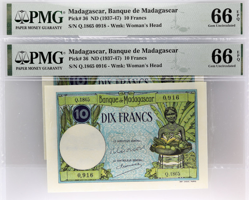 MADAGASCAR
Lot (2) - 10 francs 1948.
P.36.
Alphabet Q.1865 - numéro 0,916 et 0,9...