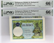 MADAGASCAR
Lot (2) - 10 francs 1948.
P.36.
Alphabet Q.1865 - numéro 0,916 et 0,918, soit des numéros presque consécutifs.
PMG 66 EPQ Gem Uncirculated ...