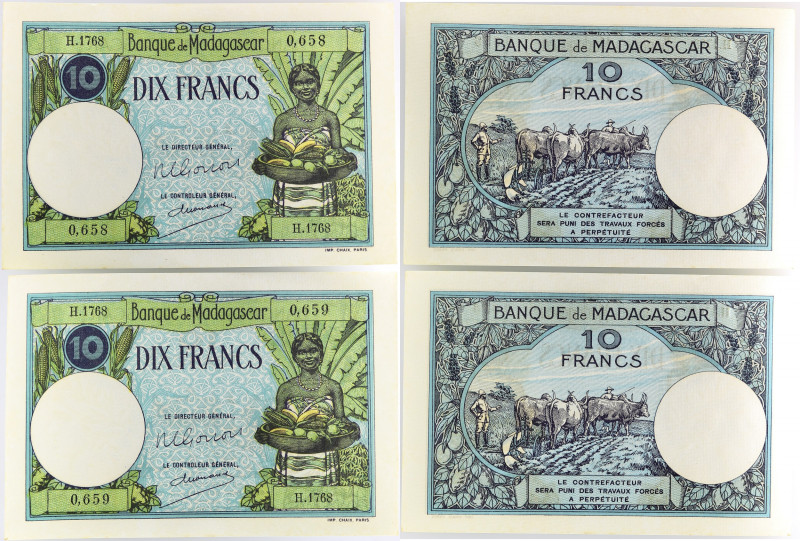MADAGASCAR
Lot (2) - 10 francs avec numéros consécutifs ND (1948).
P.36.
Alphabe...