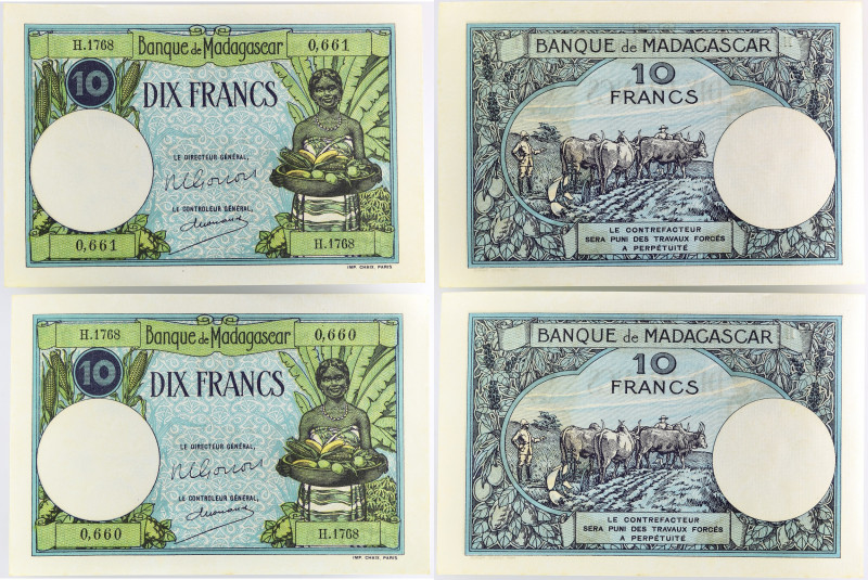 MADAGASCAR
Lot (2) - 10 francs avec numéros consécutifs ND (1948).
P.36.
Alphabe...