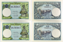 MADAGASCAR
Lot (2) - 10 francs avec numéros consécutifs ND (1948).
P.36.
Alphabet H.1768 - numéro 0,660 et 0,661, soit une suite de numéros.
Magnifiqu...