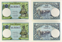 MADAGASCAR
Lot (2) - 10 francs avec numéros consécutifs ND (1948).
P.36.
Alphabet H.1768 - numéro 0,662 et 0,663, soit une suite de numéros.
Magnifiqu...