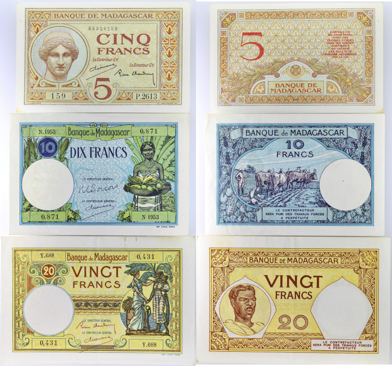 MADAGASCAR
Lot (3) - 5 francs, 10 francs et 20 francs ND (1937/1948).
P.35 - P.3...