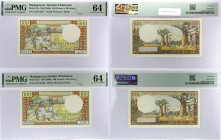 MADAGASCAR
Lot (2) - 100 francs - 20 ariary avec numéros consécutifs 1964.
P.57a.
Alphabet Z.20 - numéro 82550 et 82551, avec une suite de numéros.
PM...
