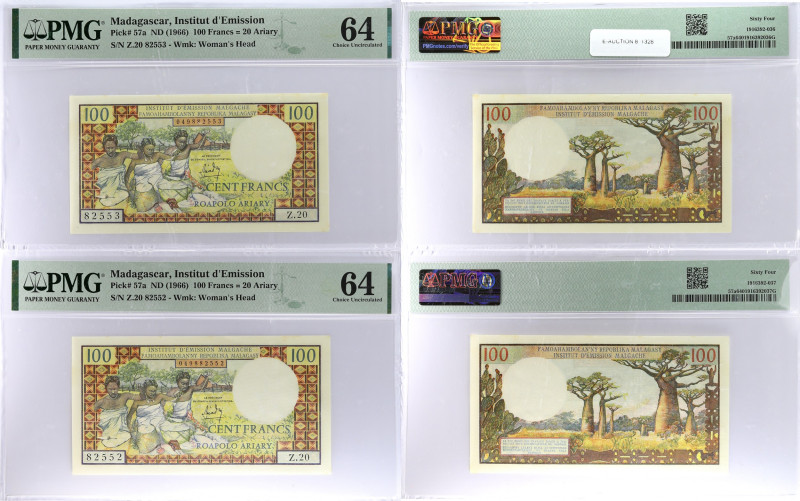 MADAGASCAR
Lot (2) - 100 francs - 20 ariary avec numéros consécutifs 1964.
P.57a...