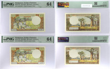 MADAGASCAR
Lot (2) - 100 francs - 20 ariary avec numéros consécutifs 1964.
P.57a.
Alphabet Z.20 - numéro 82552 et 82553, avec une suite de numéros.
PM...