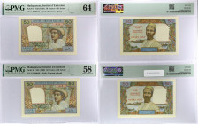 MADAGASCAR
Lot (2) - 50 francs - 10 ariary avec numéros consécutifs 1962.
P.61.
Alphabet G.8 - numéro 00847 et 00848, avec une suite de numéros.
PMG 6...