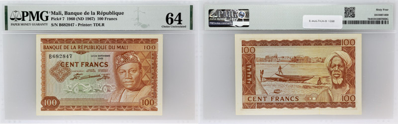 MALI
100 francs 22 septembre 1960.
P.7.
Alphabet B - numéro 682847, avec le port...