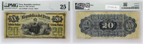 PÉROU - PERU
20 soles 30 juin 1879.
P.7a.
Alphabet C - numéro 245593, avec une femme au centre du billet qui tient un livre dans une main et une plume...