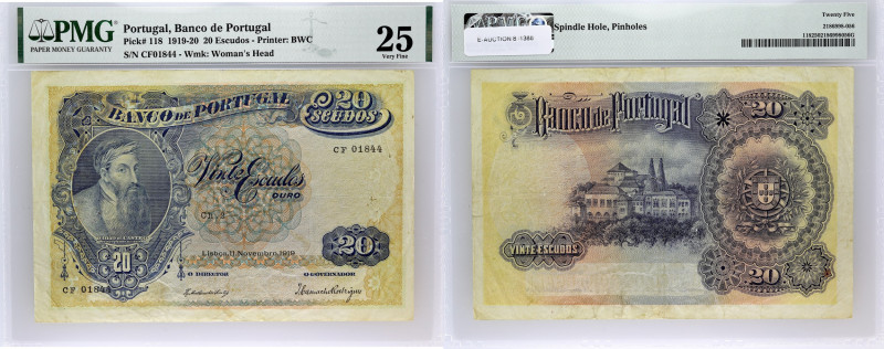 PORTUGAL
20 escudos 11 novembre 1919.
P.118.
Alphabet CF - numéro 01844, avec le...