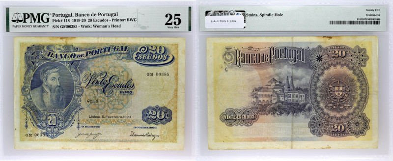 PORTUGAL
20 escudos 5 février 1920.
P.118.
Alphabet GM - numéro 06385, avec le p...