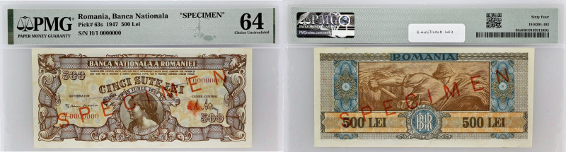 ROUMANIE - ROMANIA
500 lei SPECIMEN 25 juin 1947.
P.63s.
Alphabet H/1 - numéro 0...