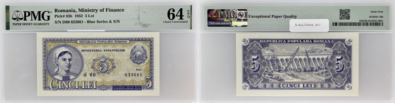 ROUMANIE - ROMANIA
5 lei 1952.
P.83b.
Alphabet D60 - numéro 633661. Type rare et...