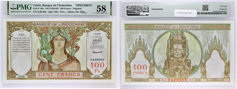 TAHITI
100 francs SPECIMEN type “Papeete” ND (1952).
P.14bs.
Alphabet O.00 - num...