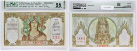 TAHITI
100 francs SPECIMEN type “Papeete” ND (1952).
P.14bs.
Alphabet O.00 - numéro 000 - avec filigrane et perforation SPECIMEN en verticale à gauche...