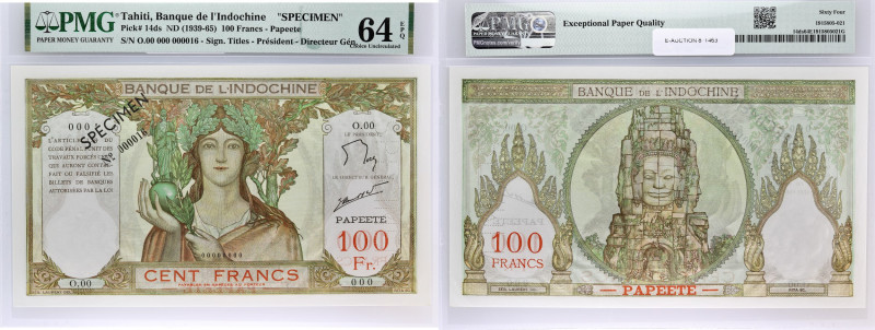TAHITI
100 francs SPECIMEN type “Papeete” ND (1961).
P.14ds.
Alphabet O.00 - num...