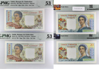TAHITI
Lot (2) - 20 francs avec numéros consécutifs ND (1951).
P.21a.
Alphabet Z.5 - numéro 764 et 765, c’est une magnifique paire et rare à constitue...