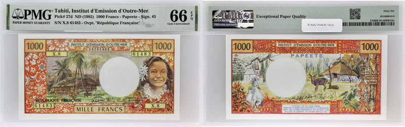 TAHITI
1000 francs 1985.
P.27d.
Alphabet X.8 - numéro 61483, avec son gaufrage e...
